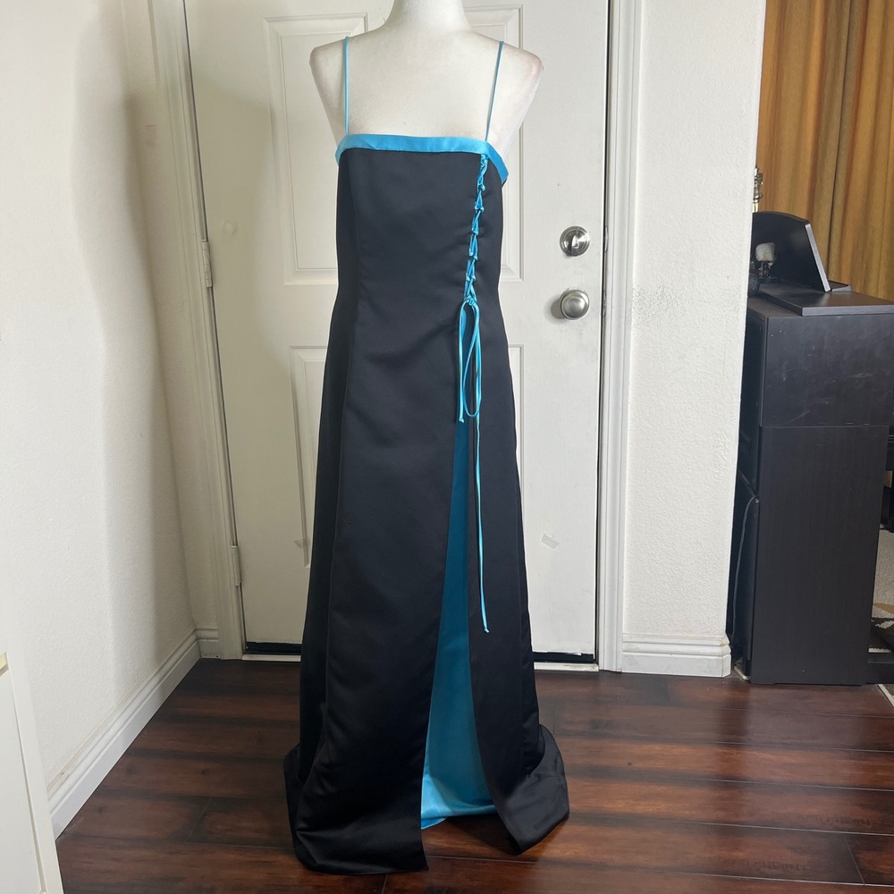 Vintage Urban Girl Nites Gown Women 9/10 Black Turquoise Lace Up Slit Prom Y2K